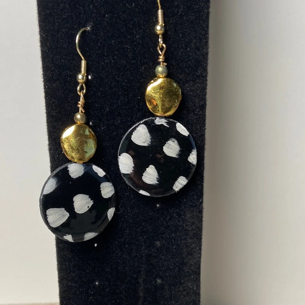 Black and White Polka Dot and Gold Dangle Earrings